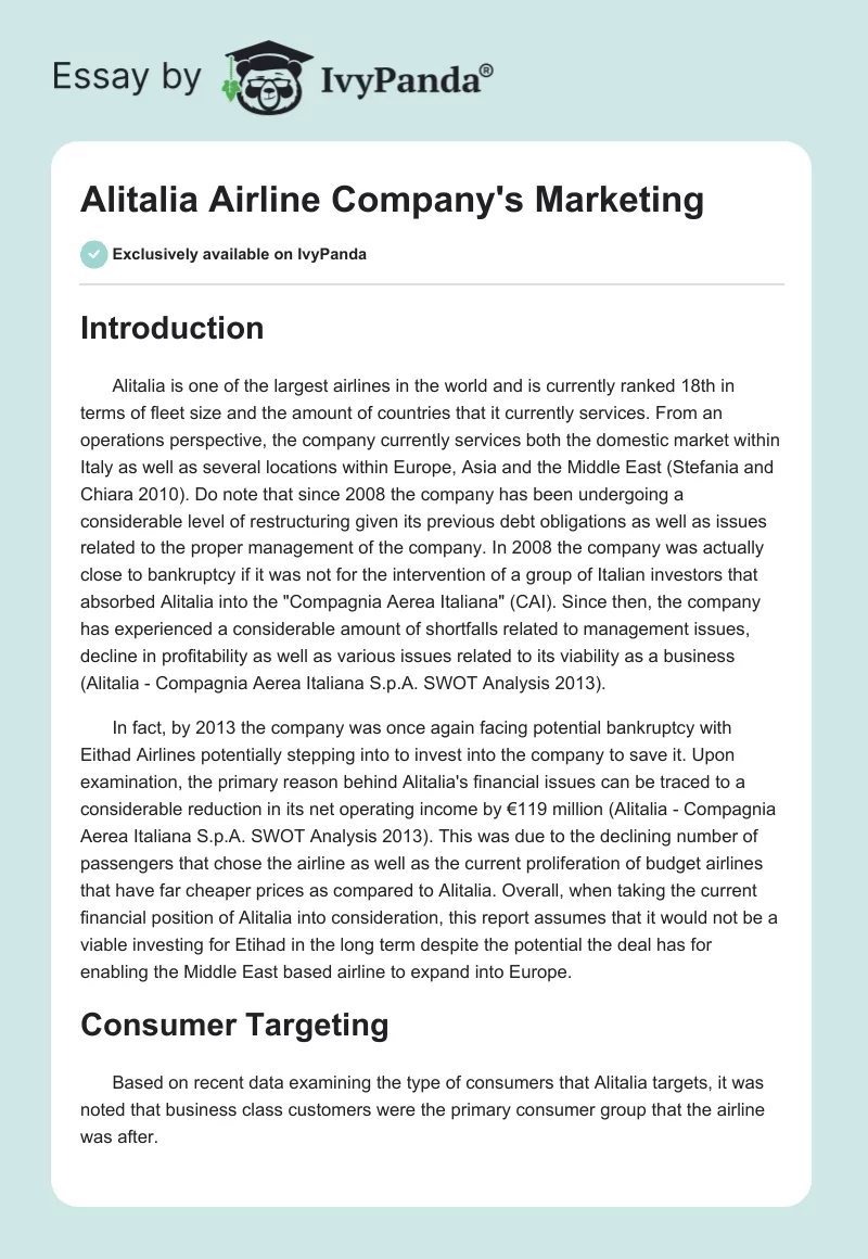 Alitalia Airline Company's Marketing. Page 1
