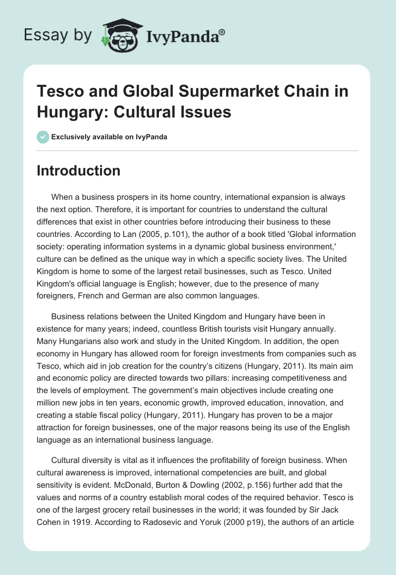 Tesco and Global Supermarket Chain in Hungary: Cultural Issues. Page 1