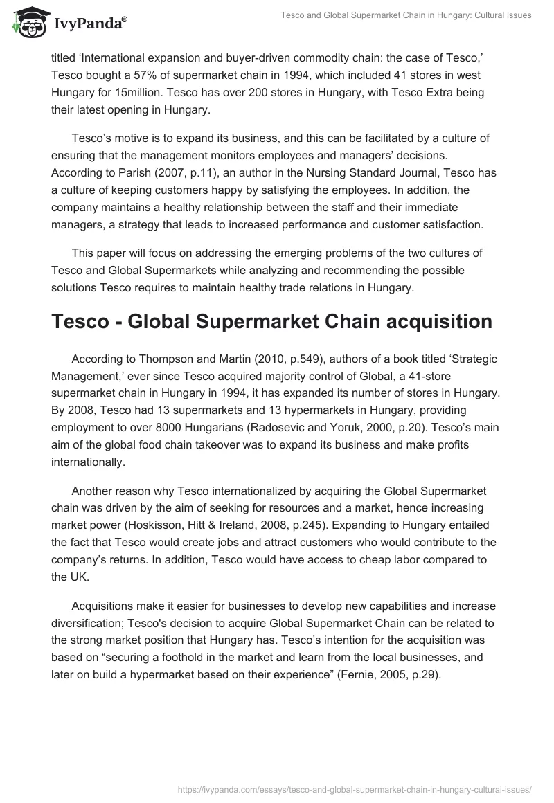 Tesco and Global Supermarket Chain in Hungary: Cultural Issues. Page 2