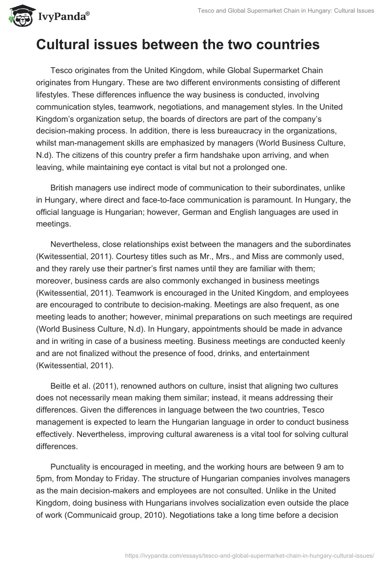 Tesco and Global Supermarket Chain in Hungary: Cultural Issues. Page 3