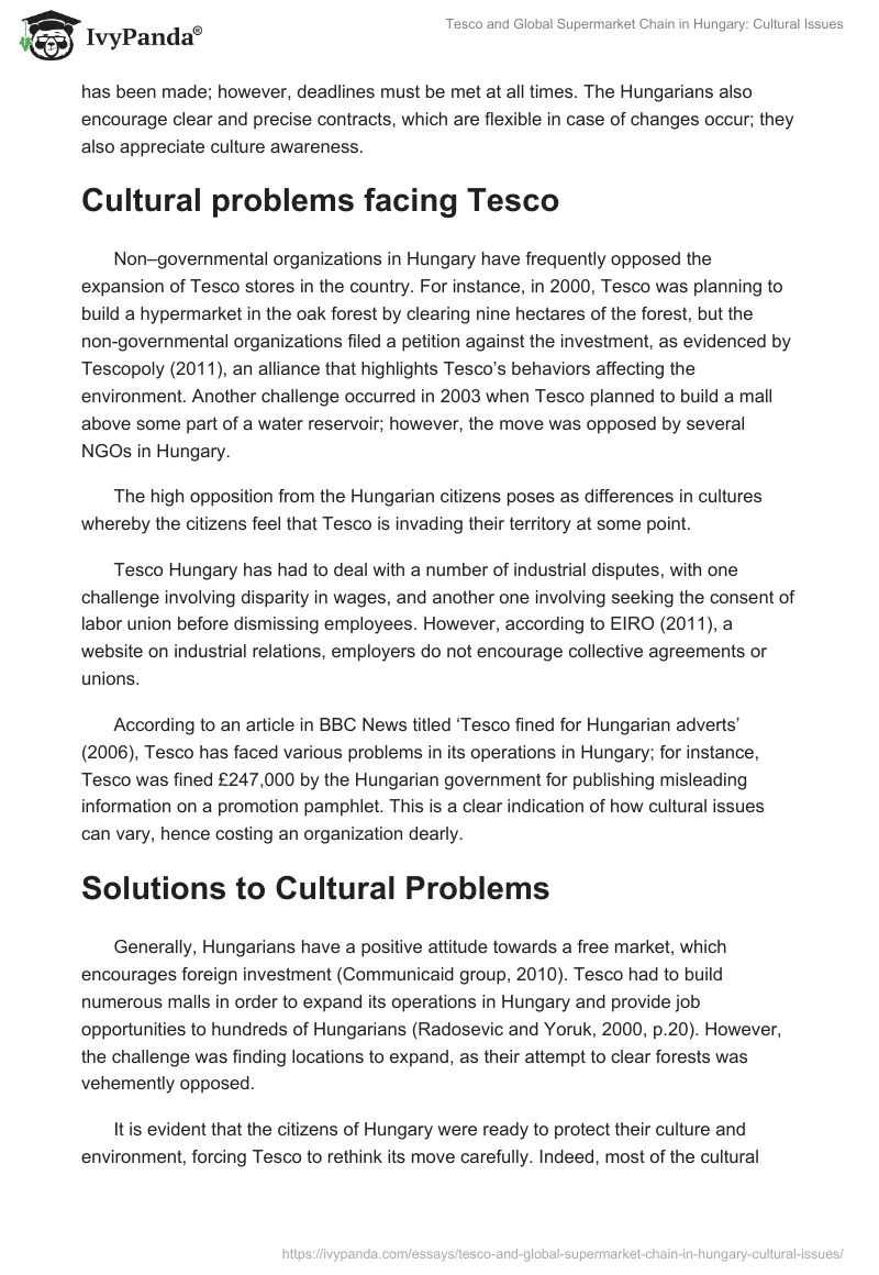 Tesco and Global Supermarket Chain in Hungary: Cultural Issues. Page 4