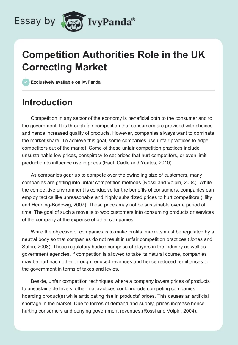 Competition Authorities Role in the UK Correcting Market. Page 1