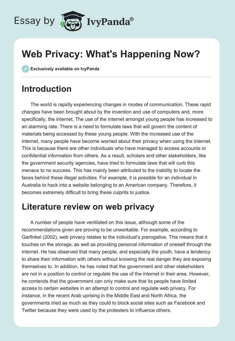 Web Privacy: What's Happening Now?. Page 1