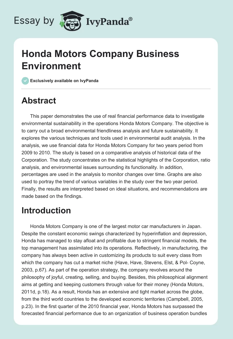 Honda Motors Company Business Environment. Page 1
