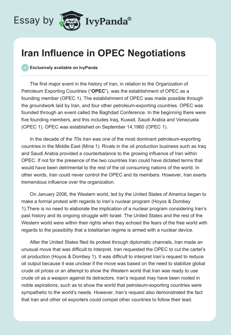 Iran Influence in OPEC Negotiations. Page 1