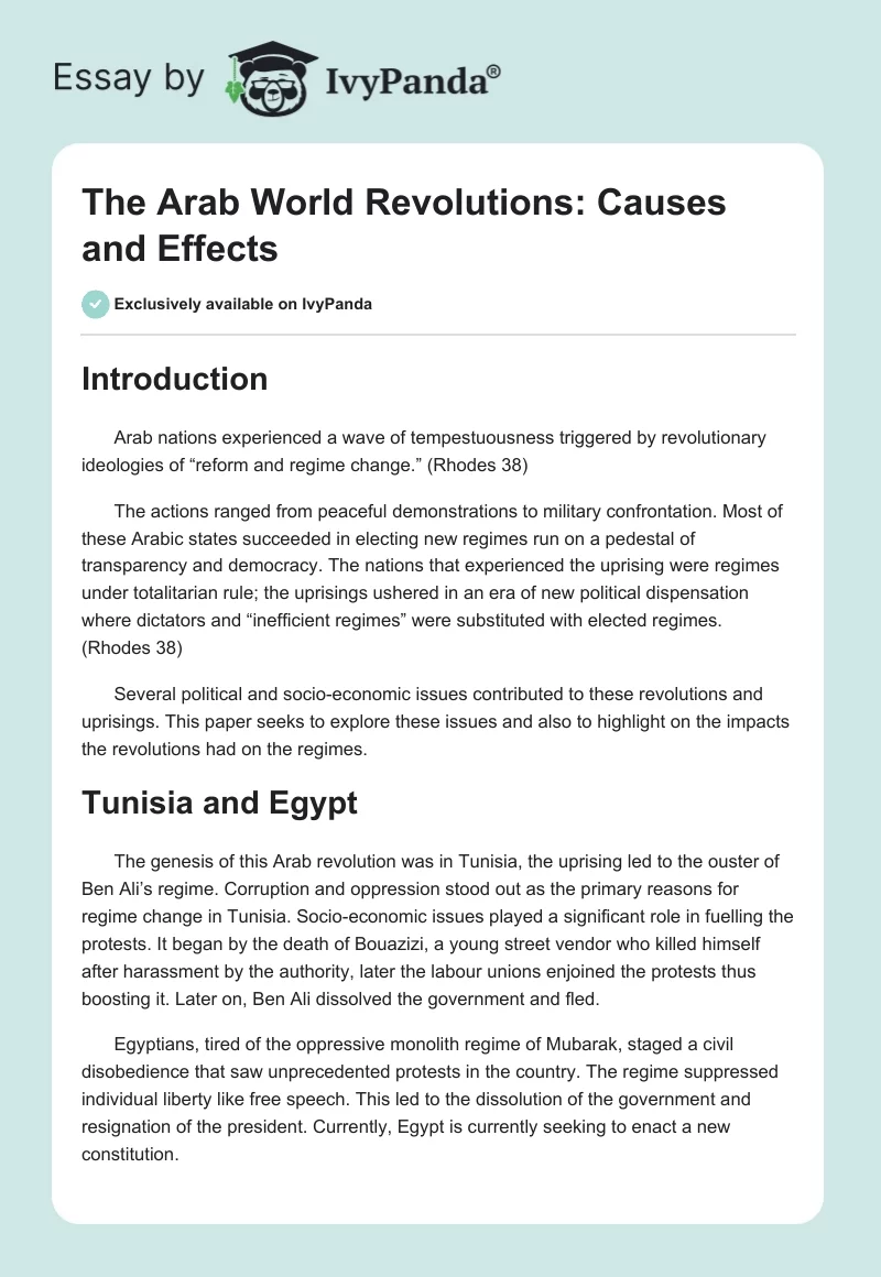 The Arab World Revolutions: Causes and Effects. Page 1