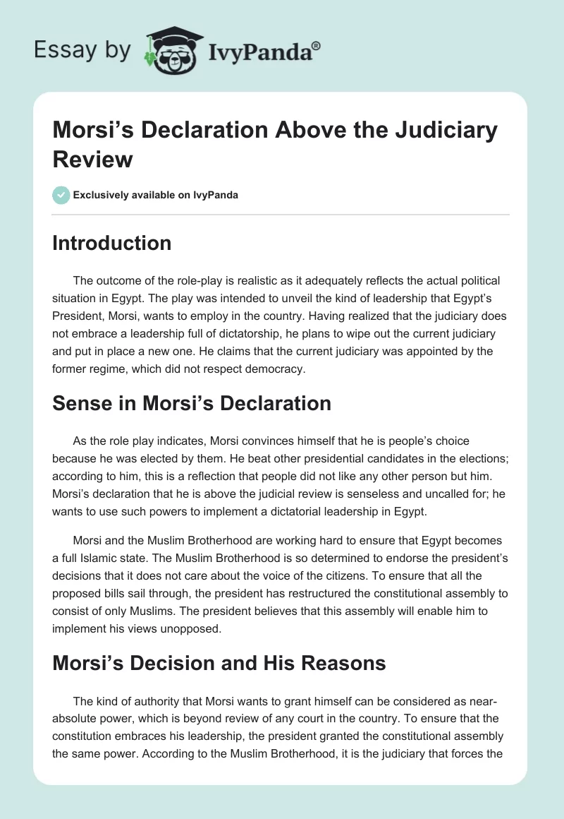 Morsi’s Declaration Above the Judiciary Review. Page 1