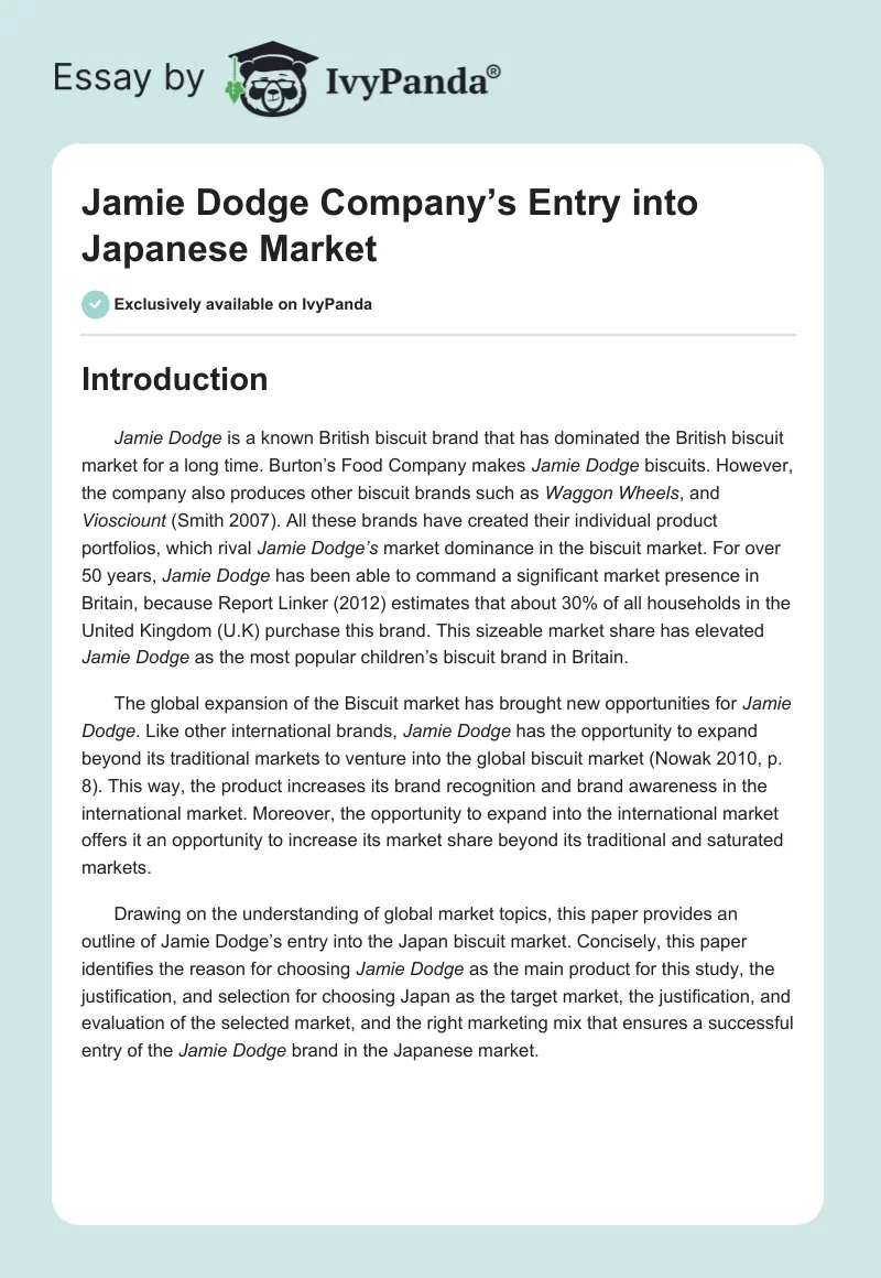 Jamie Dodge Company’s Entry into Japanese Market. Page 1
