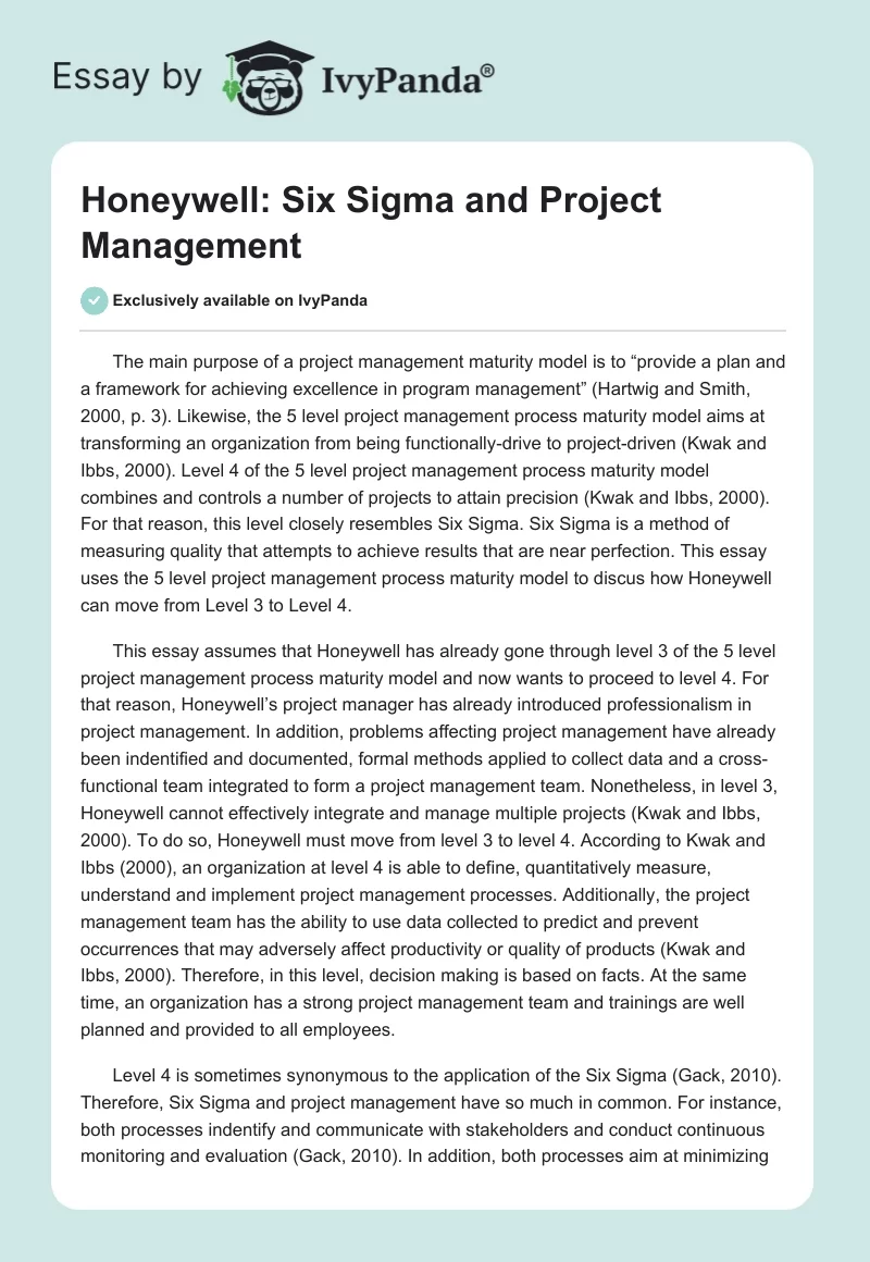 Honeywell: Six Sigma and Project Management. Page 1