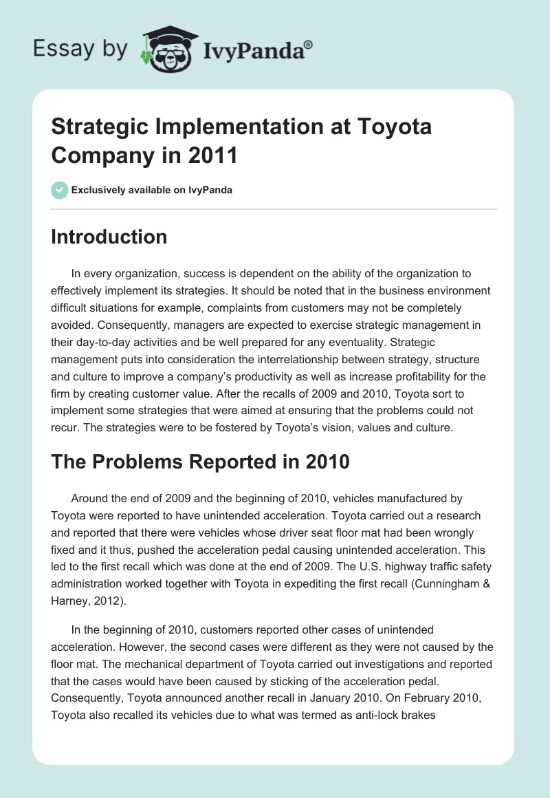 Strategic Implementation at Toyota Company in 2011. Page 1