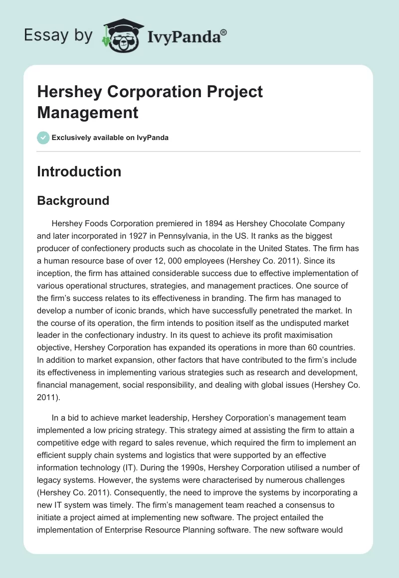 Hershey Corporation Project Management. Page 1