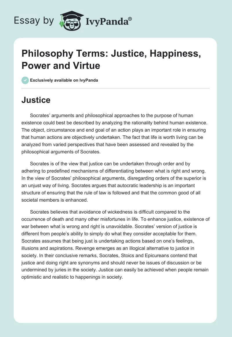 Philosophy Terms: Justice, Happiness, Power and Virtue. Page 1