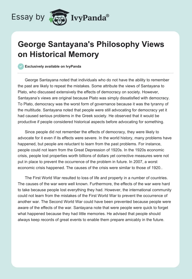 George Santayana's Philosophy Views on Historical Memory. Page 1