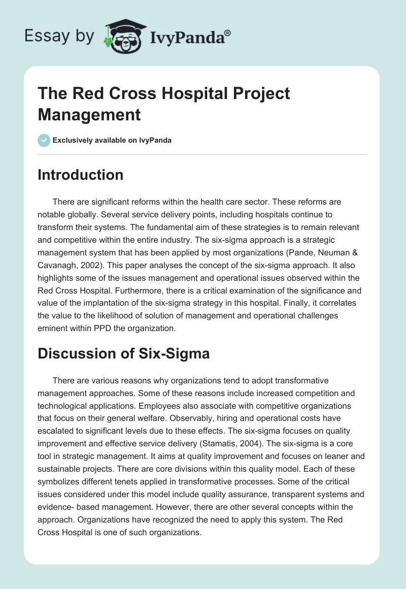 The Red Cross Hospital Project Management. Page 1