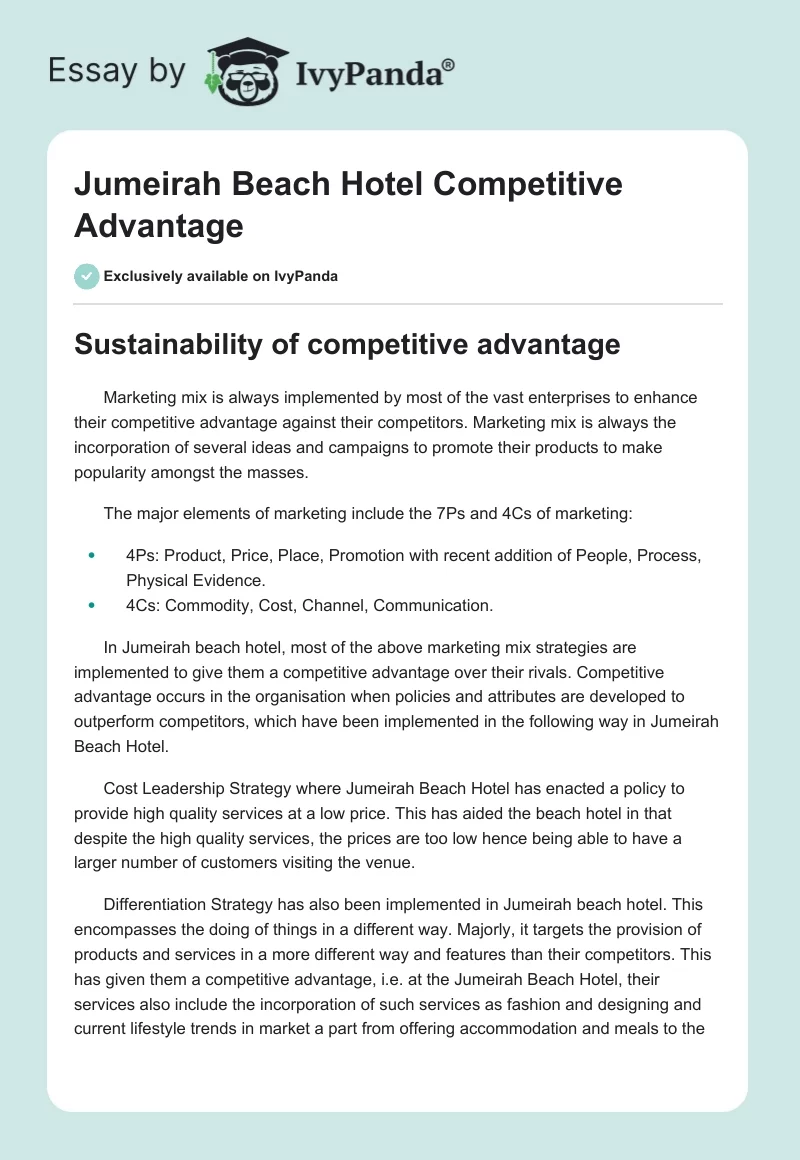 Jumeirah Beach Hotel Competitive Advantage. Page 1
