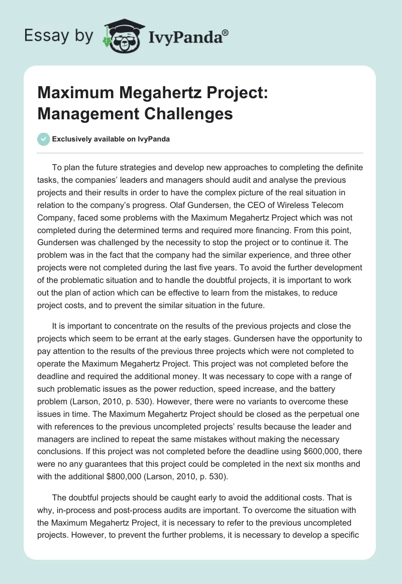 Maximum Megahertz Project: Management Challenges. Page 1