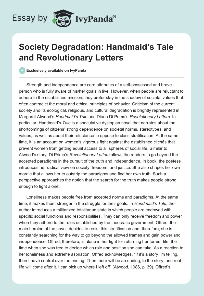 Society Degradation: The Handmaid’s Tale and Revolutionary Letters. Page 1