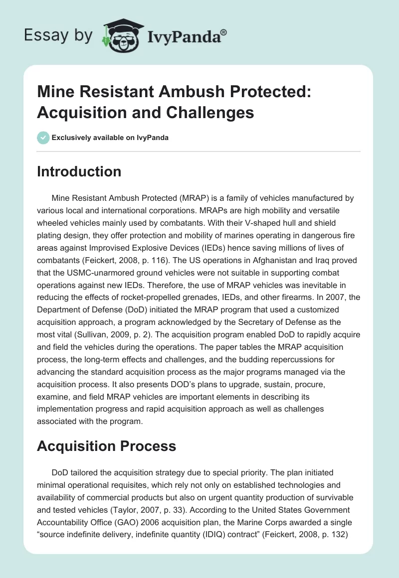 Mine Resistant Ambush Protected: Acquisition and Challenges. Page 1