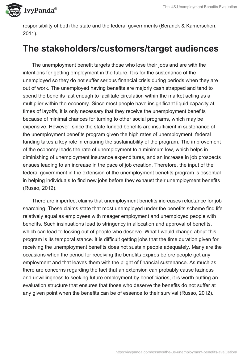The US Unemployment Benefits Evaluation. Page 3