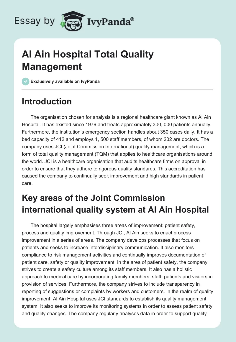 Al Ain Hospital Total Quality Management. Page 1