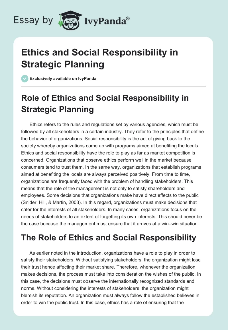 Ethics and Social Responsibility in Strategic Planning. Page 1