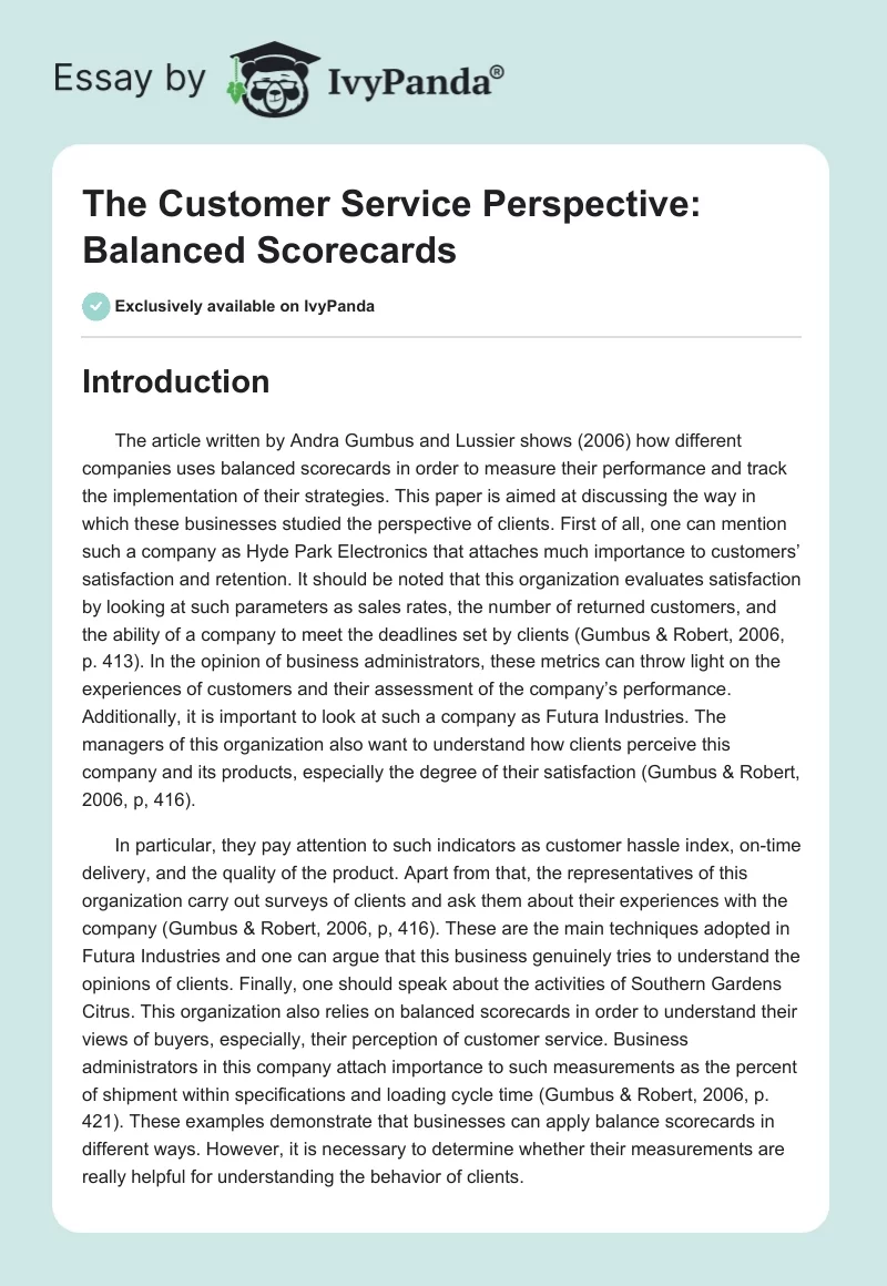 The Customer Service Perspective: Balanced Scorecards. Page 1