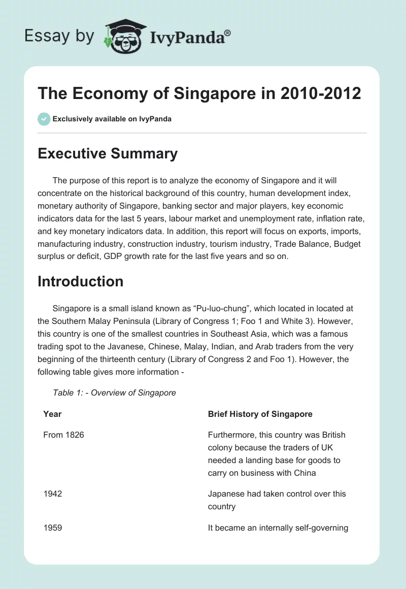 The Economy of Singapore in 2010-2012. Page 1
