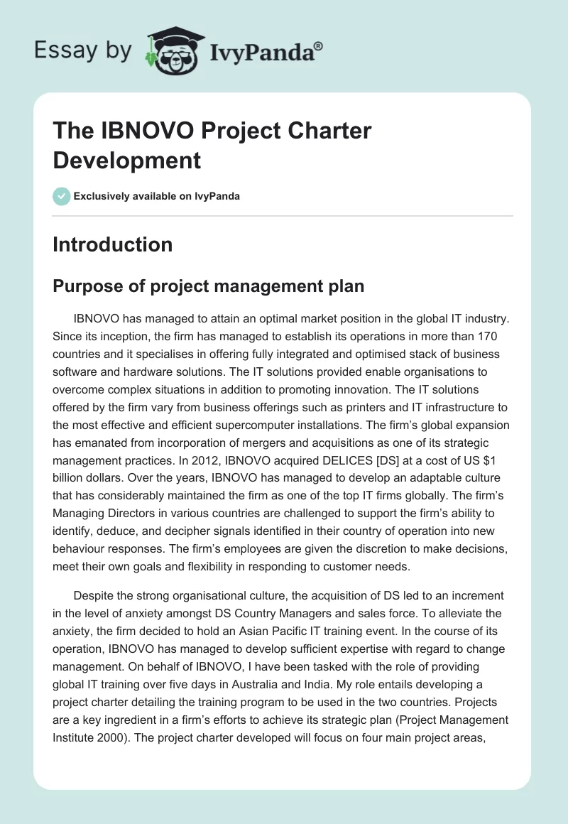The IBNOVO Project Charter Development. Page 1