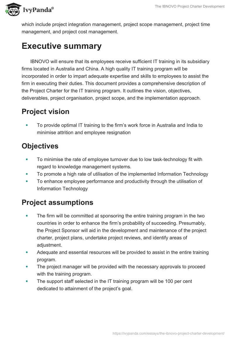 The IBNOVO Project Charter Development. Page 2