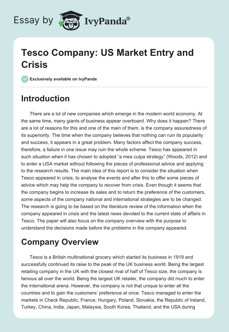 Tesco Company: US Market Entry and Crisis. Page 1