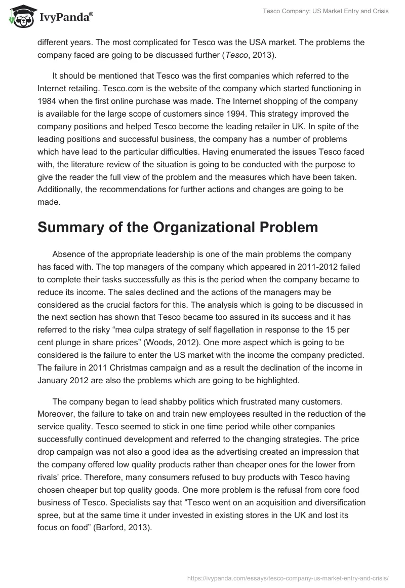 Tesco Company: US Market Entry and Crisis. Page 2