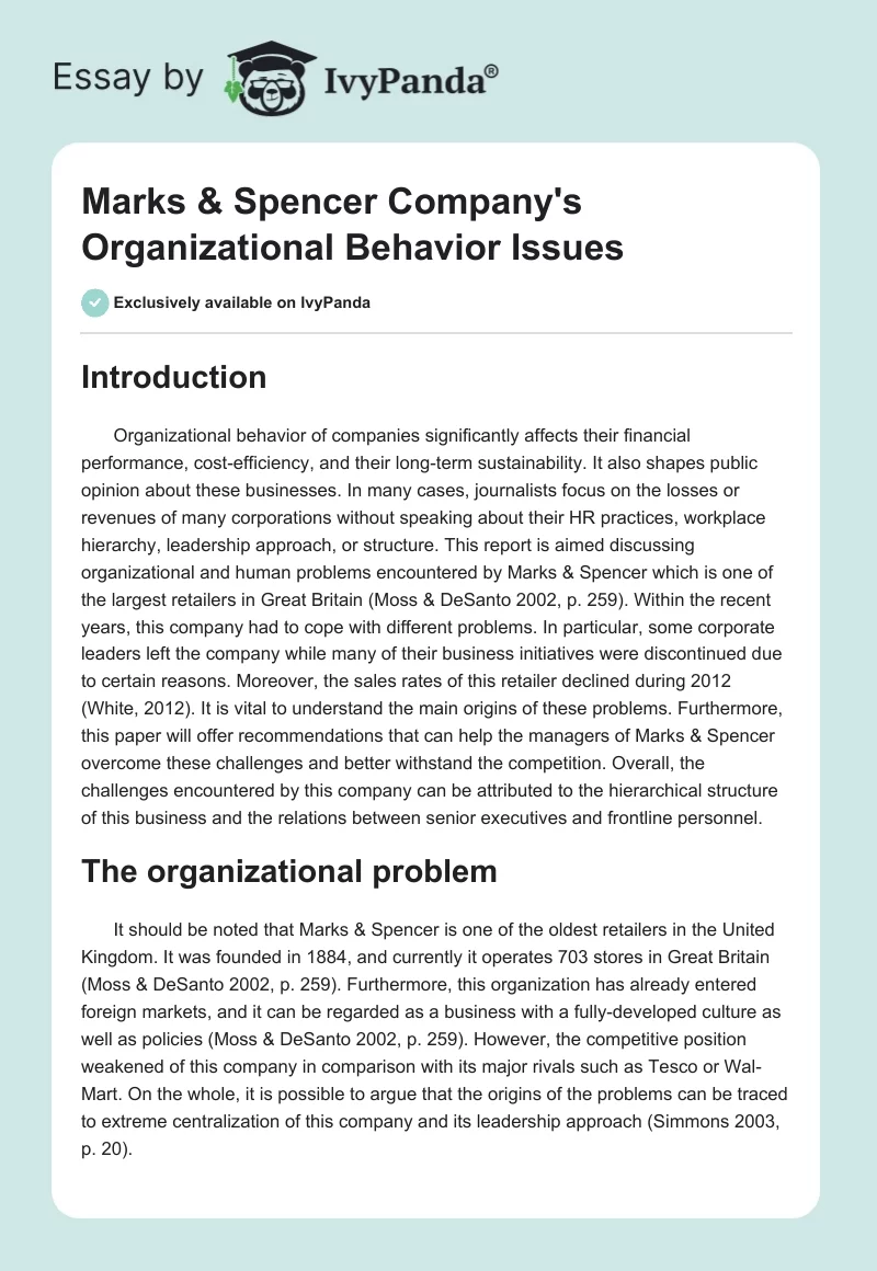 Marks & Spencer Company's Organizational Behavior Issues. Page 1