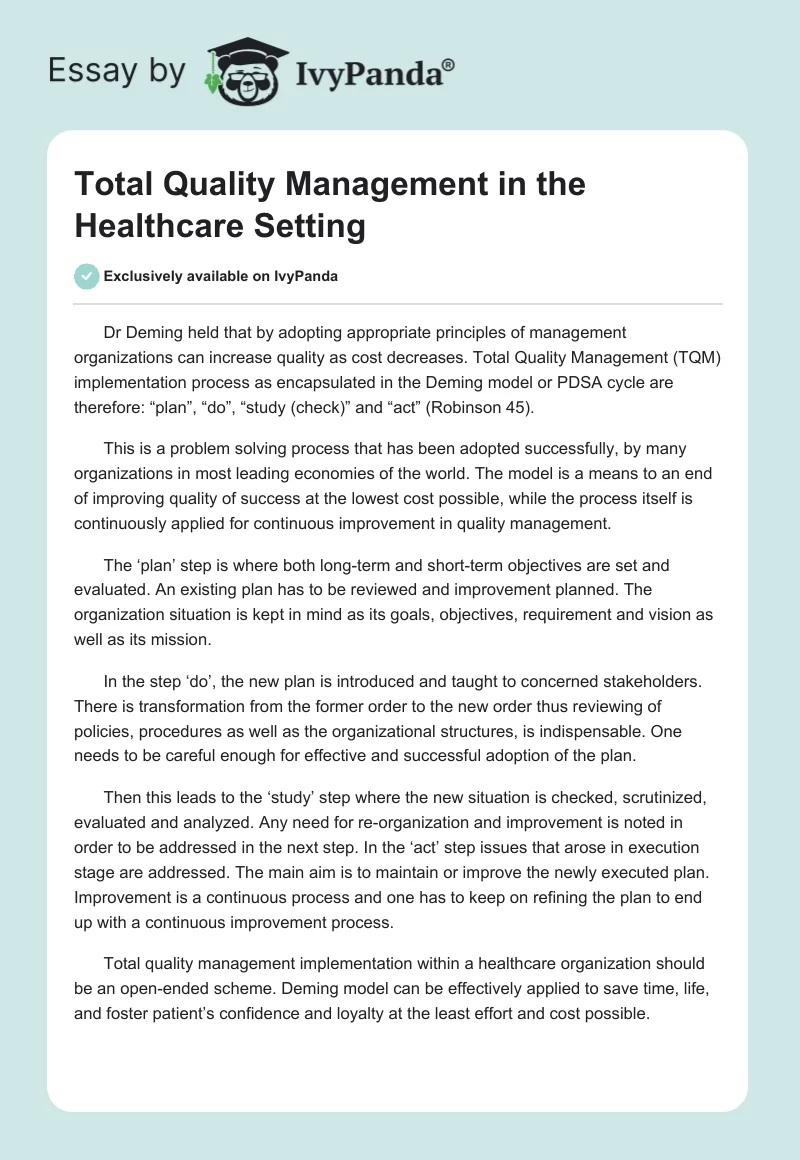 Total Quality Management in the Healthcare Setting. Page 1