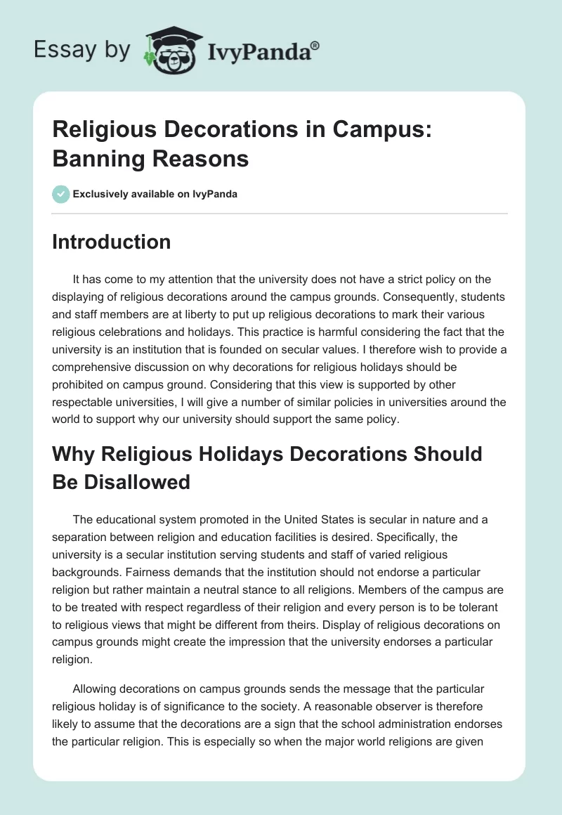 Religious Decorations in Campus: Banning Reasons. Page 1