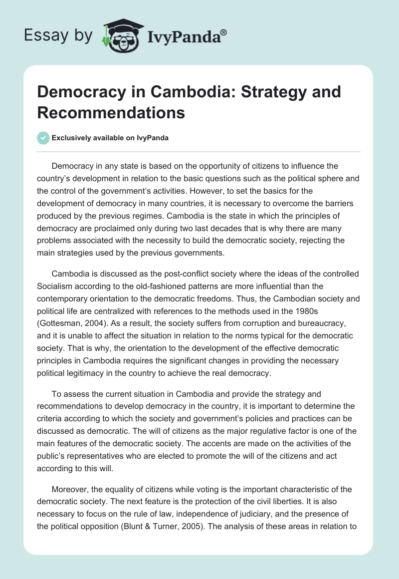 Democracy in Cambodia: Strategy and Recommendations. Page 1