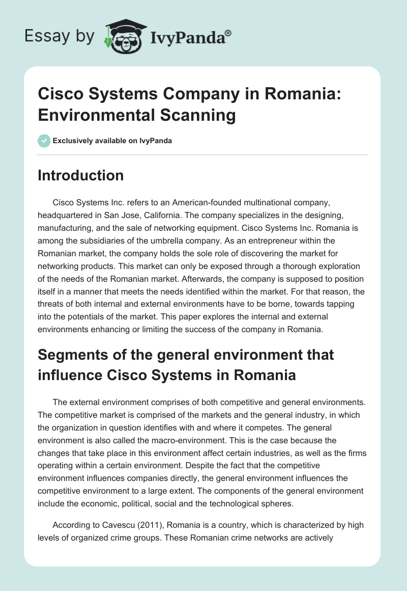 Cisco Systems Company in Romania: Environmental Scanning. Page 1