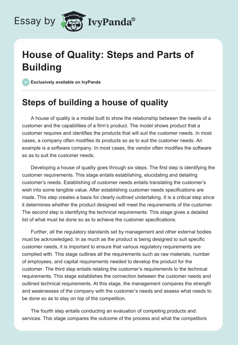 House of Quality: Steps and Parts of Building. Page 1