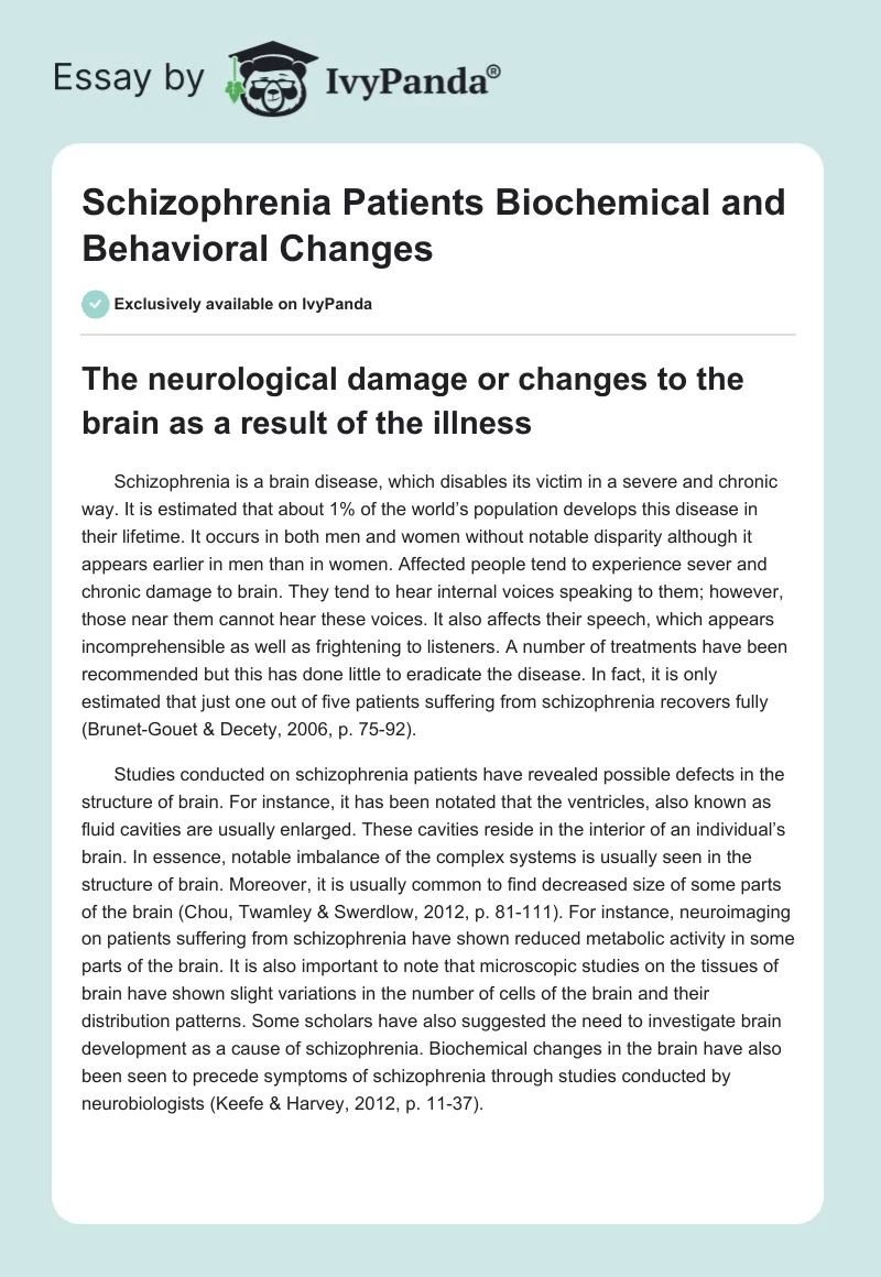 Schizophrenia Patients Biochemical and Behavioral Changes. Page 1