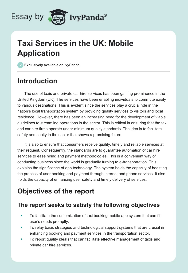 Taxi Services in the UK: Mobile Application. Page 1