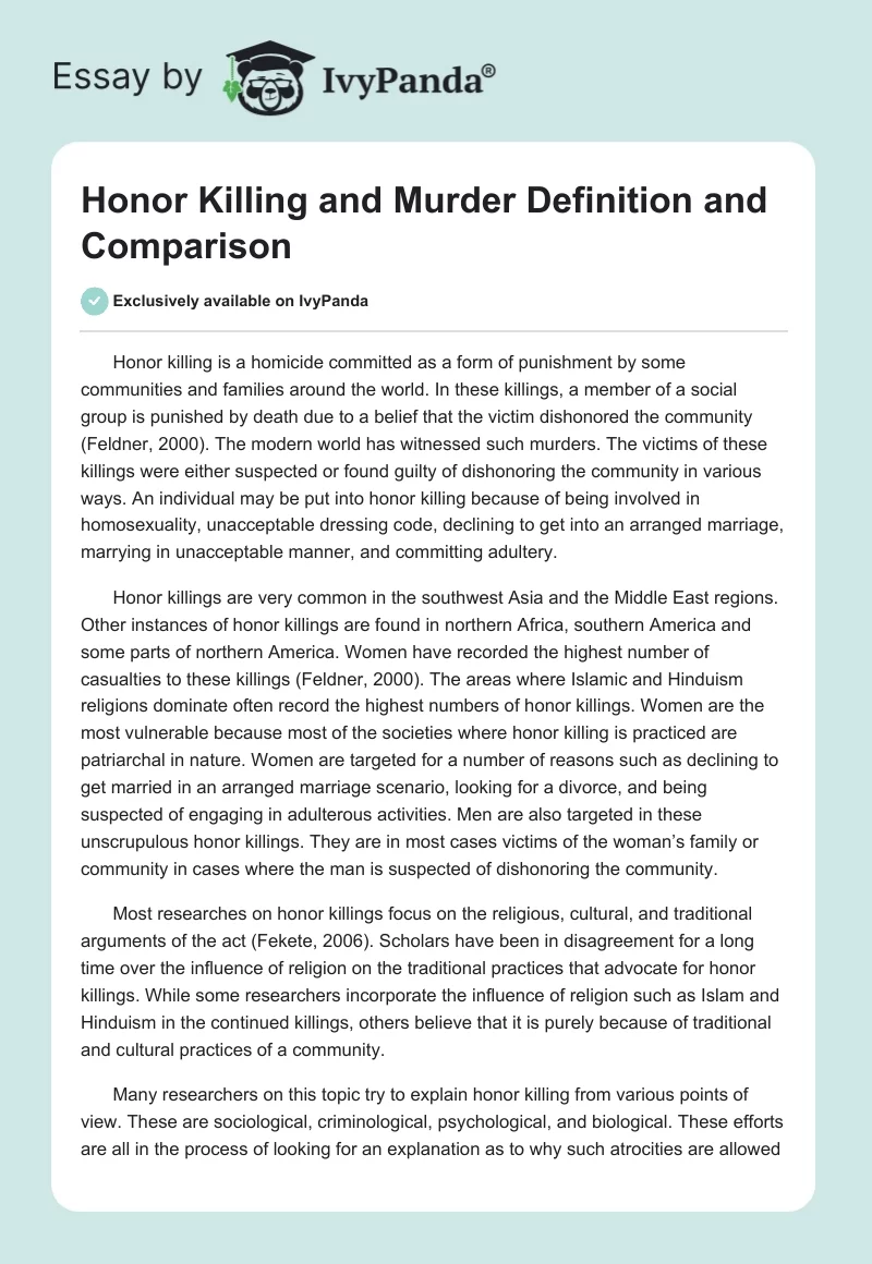 Honor Killing and Murder Definition and Comparison. Page 1