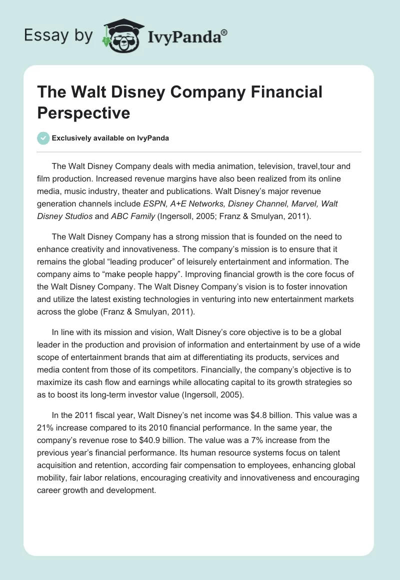 The Walt Disney Company Financial Perspective. Page 1
