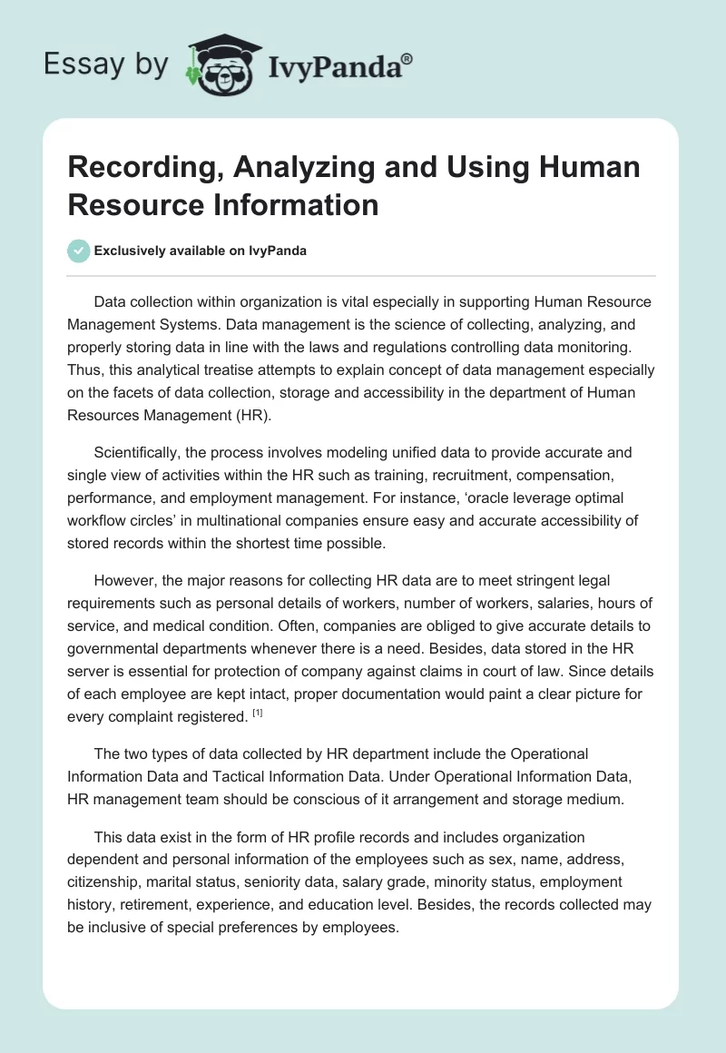 Recording, Analyzing and Using Human Resource Information. Page 1