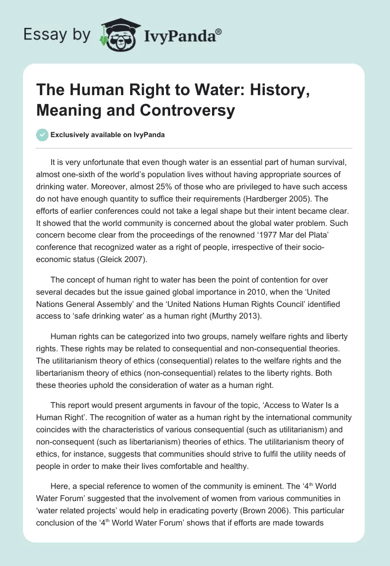 The Human Right to Water: History, Meaning and Controversy. Page 1