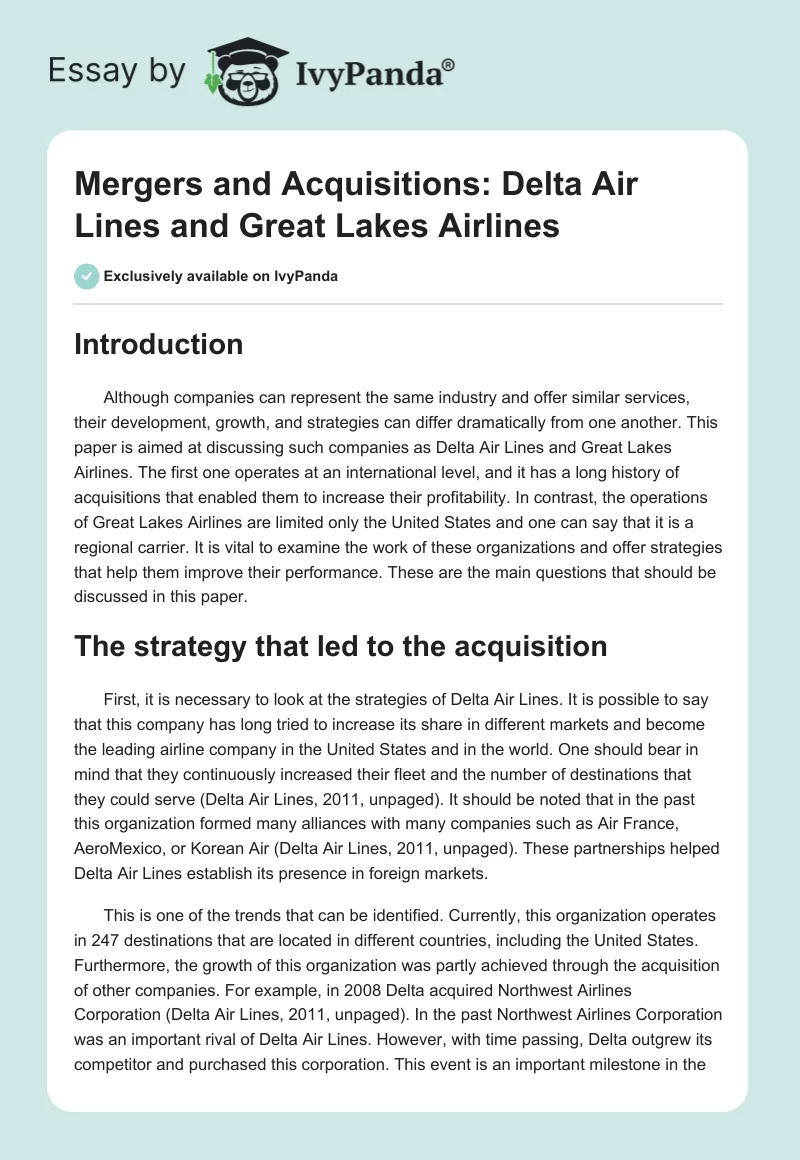 Mergers and Acquisitions: Delta Air Lines and Great Lakes Airlines. Page 1