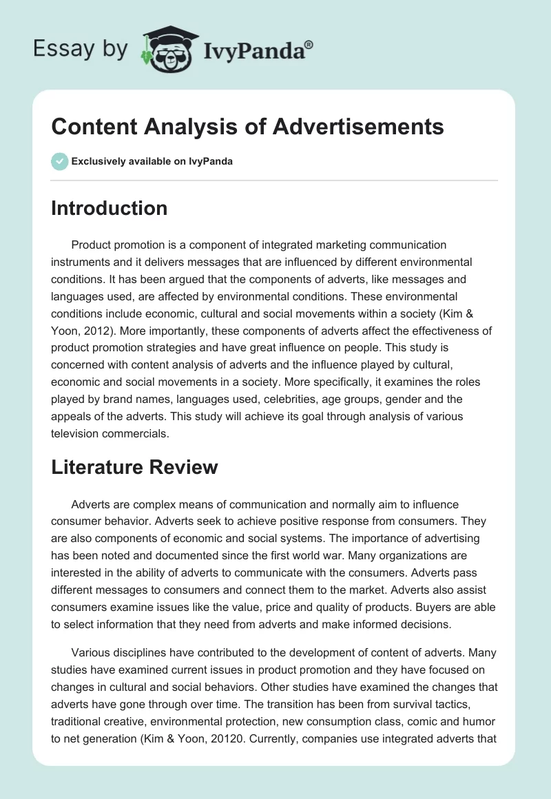 Content Analysis of Advertisements. Page 1