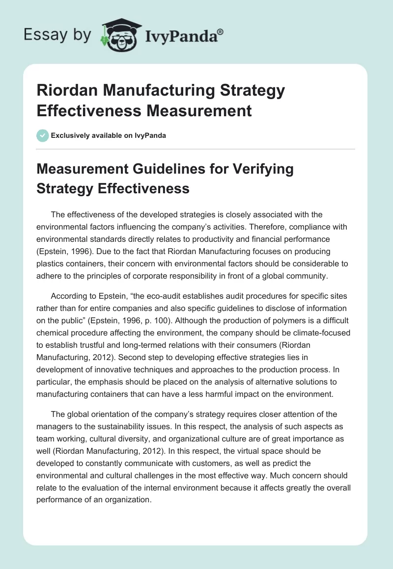 Riordan Manufacturing Strategy Effectiveness Measurement. Page 1