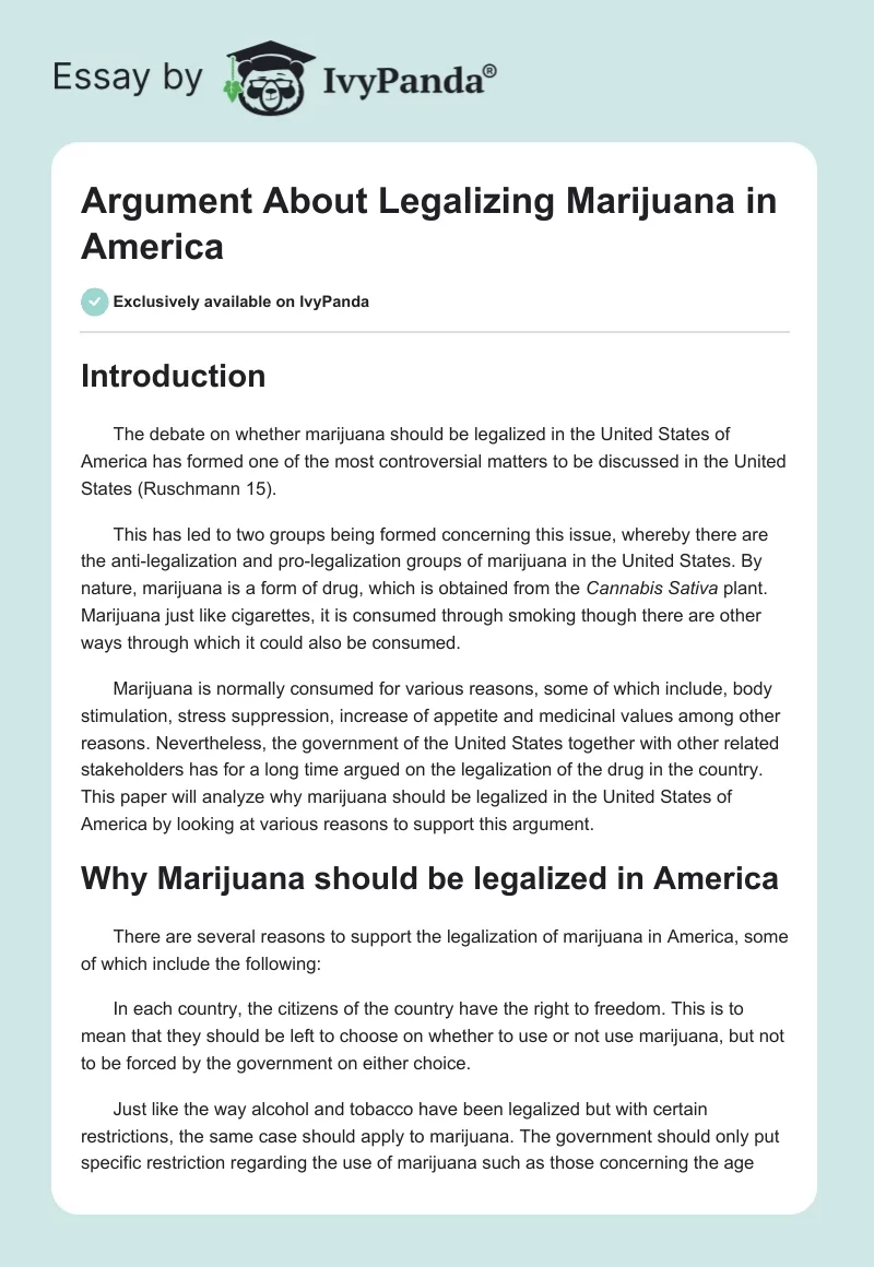 Argument About Legalizing Marijuana in America. Page 1
