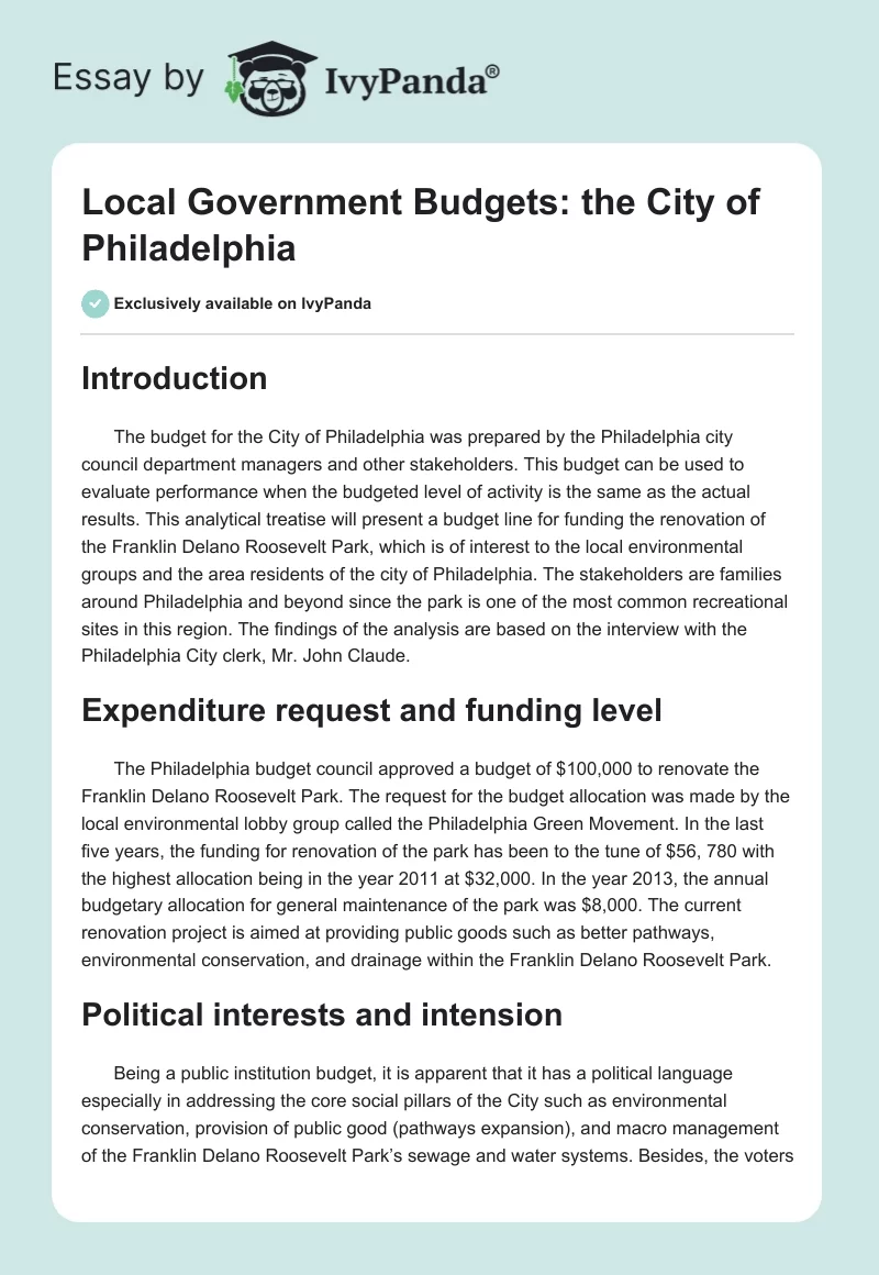 Local Government Budgets: the City of Philadelphia. Page 1