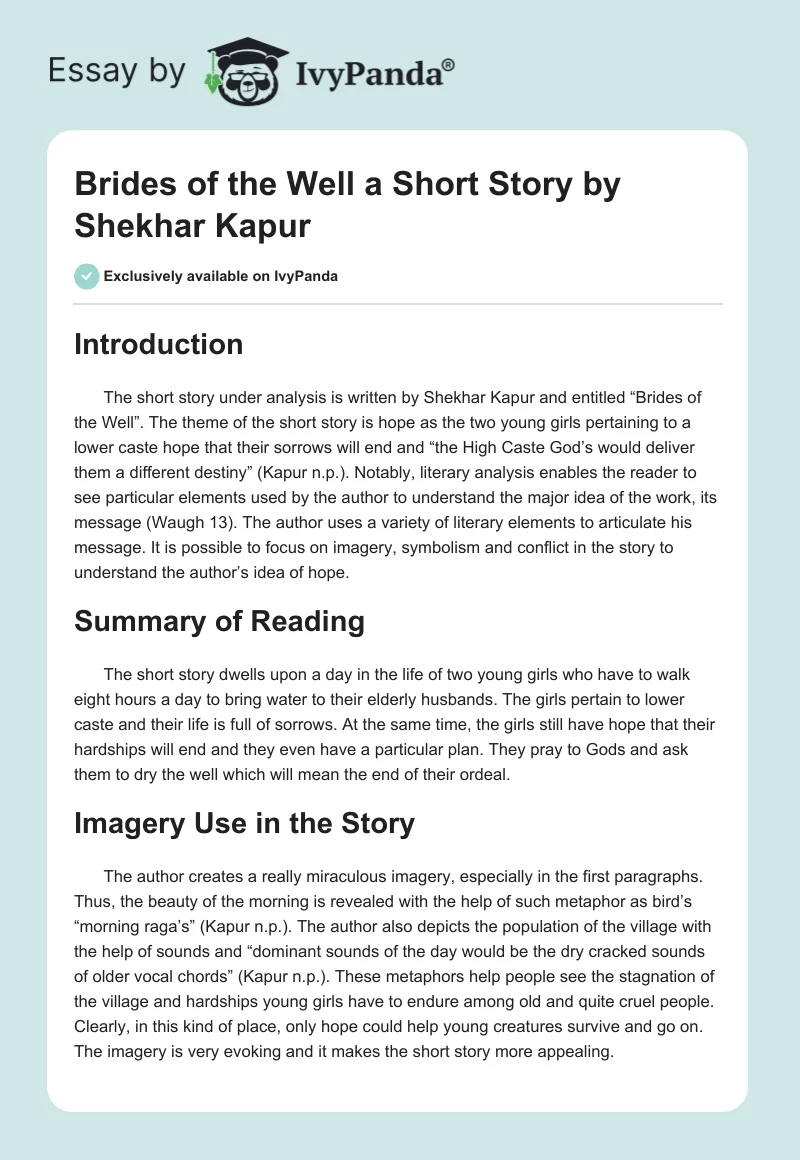 "Brides of the Well" a Short Story by Shekhar Kapur. Page 1