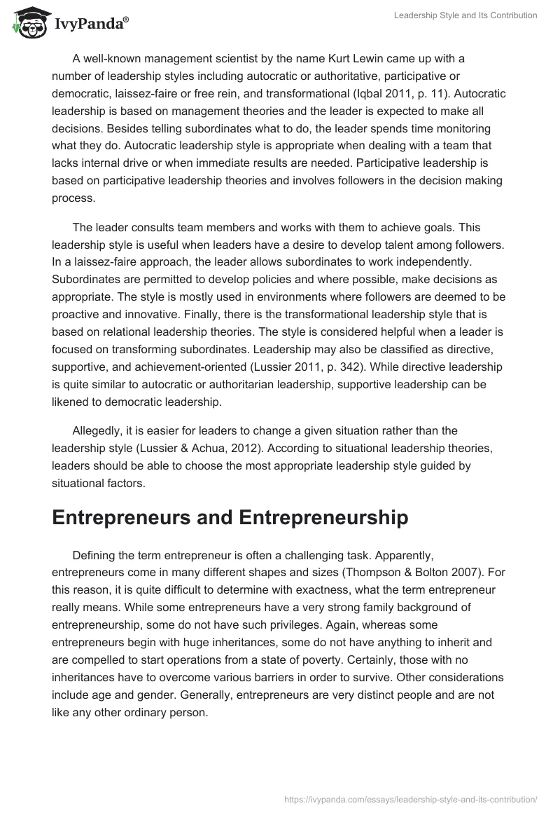 Leadership Style and Its Contribution. Page 2